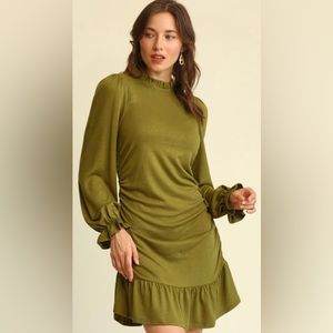 🪷 NEW! Solid Knit Side Ruching Dress with Ruffle Detail and Back Keyhole…S,M,L